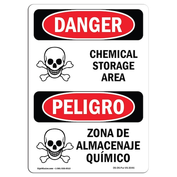 Safety Sign, OSHA Danger, 5" Height, Chemical Storage Area, Bilingual Spanish, 10PK
